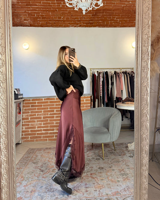 Asymmetrical satin and lace skirt