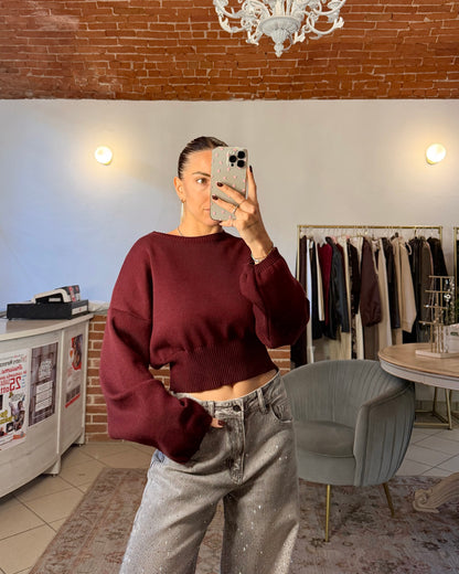 Maglione crop con maniche a palloncino