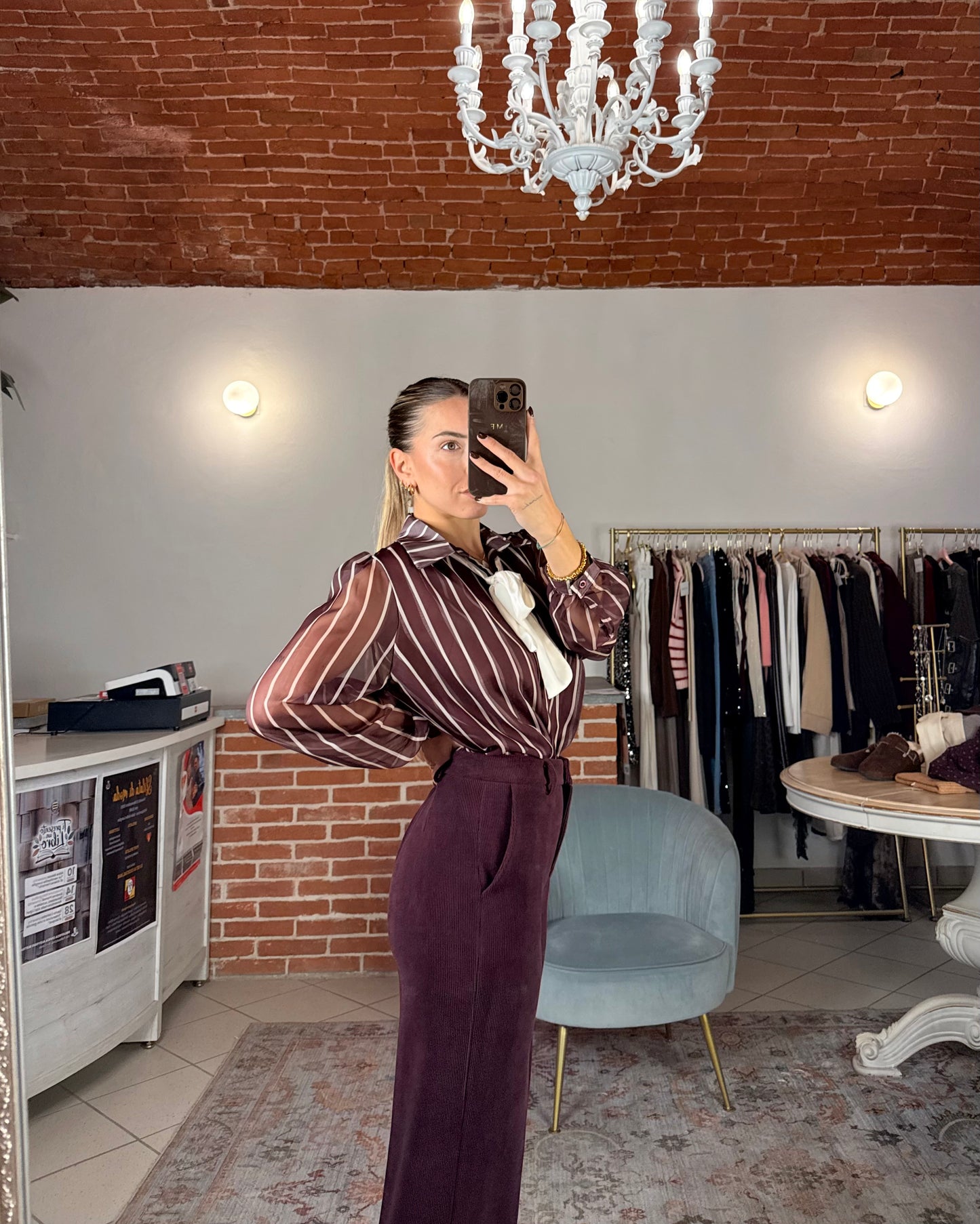 Pinstriped velvet trousers