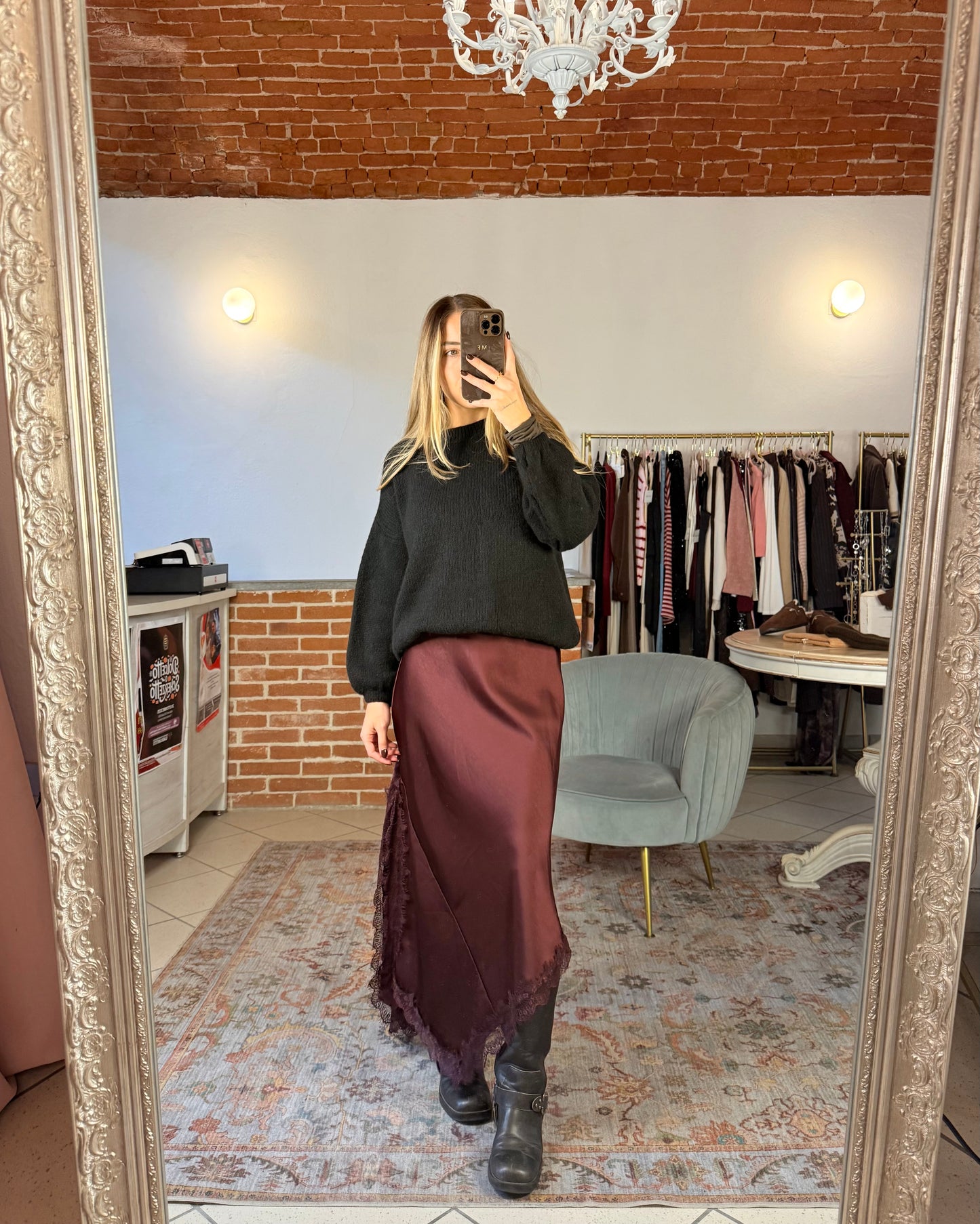 Asymmetrical satin and lace skirt