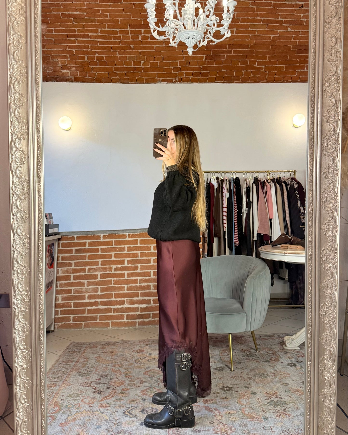 Asymmetrical satin and lace skirt