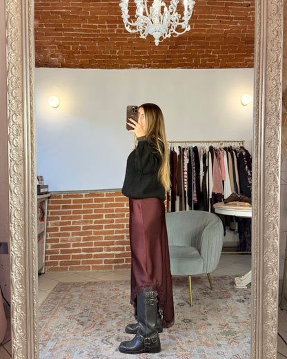 Asymmetrical satin and lace skirt