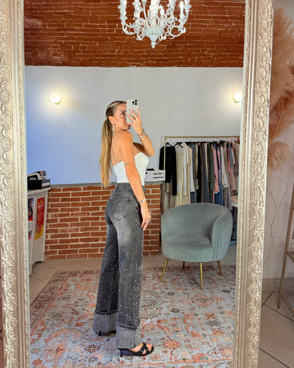Jeans strass con risvolto