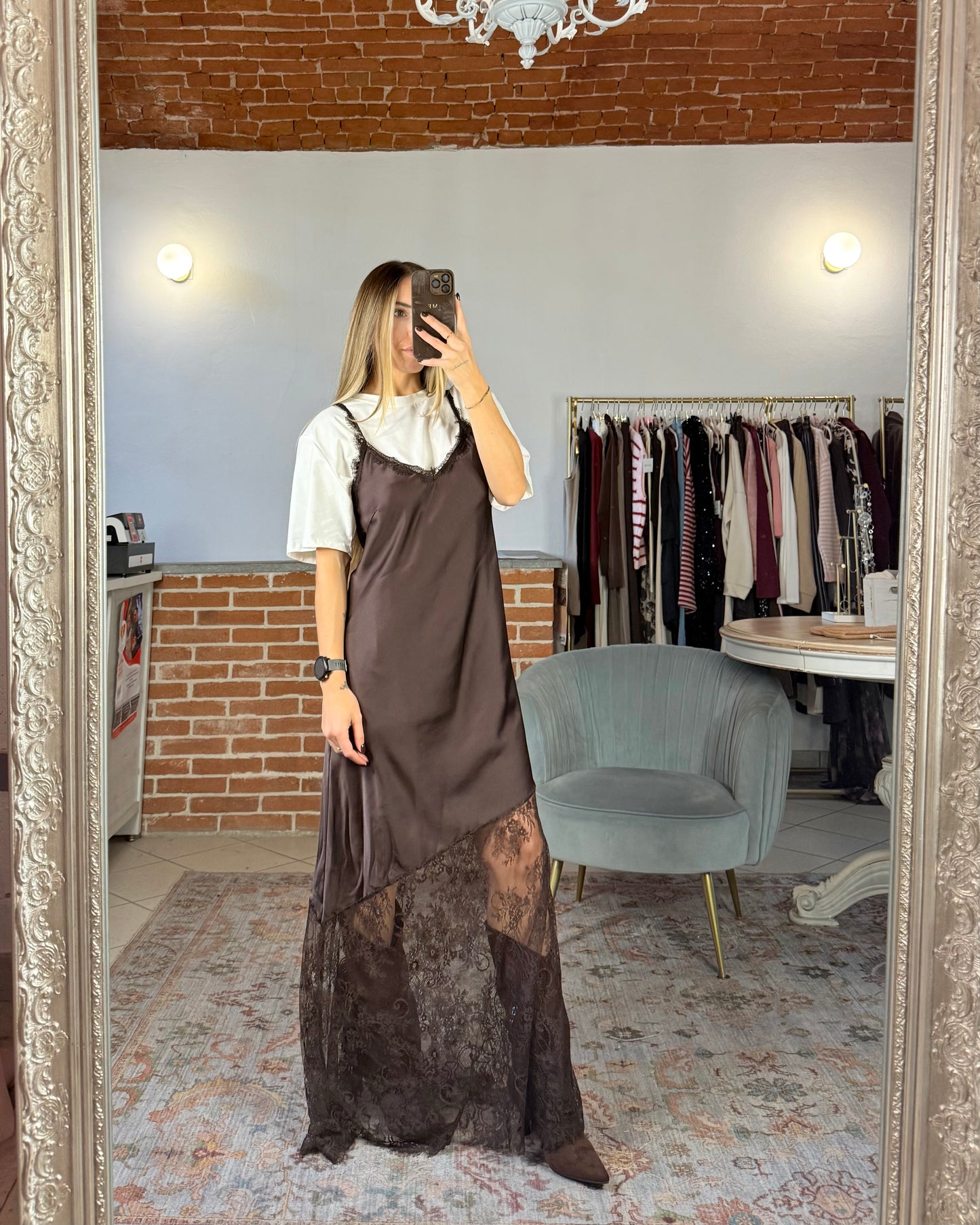 Long satin and lace dress