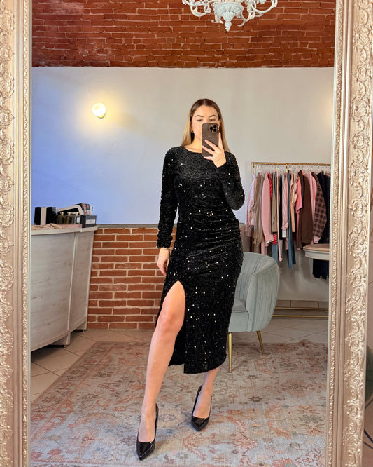 Abito lungo in velluto e paillettes