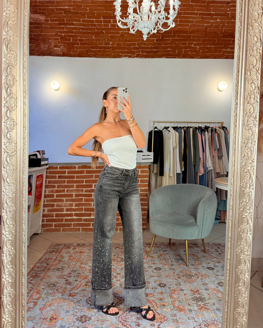 Jeans strass con risvolto