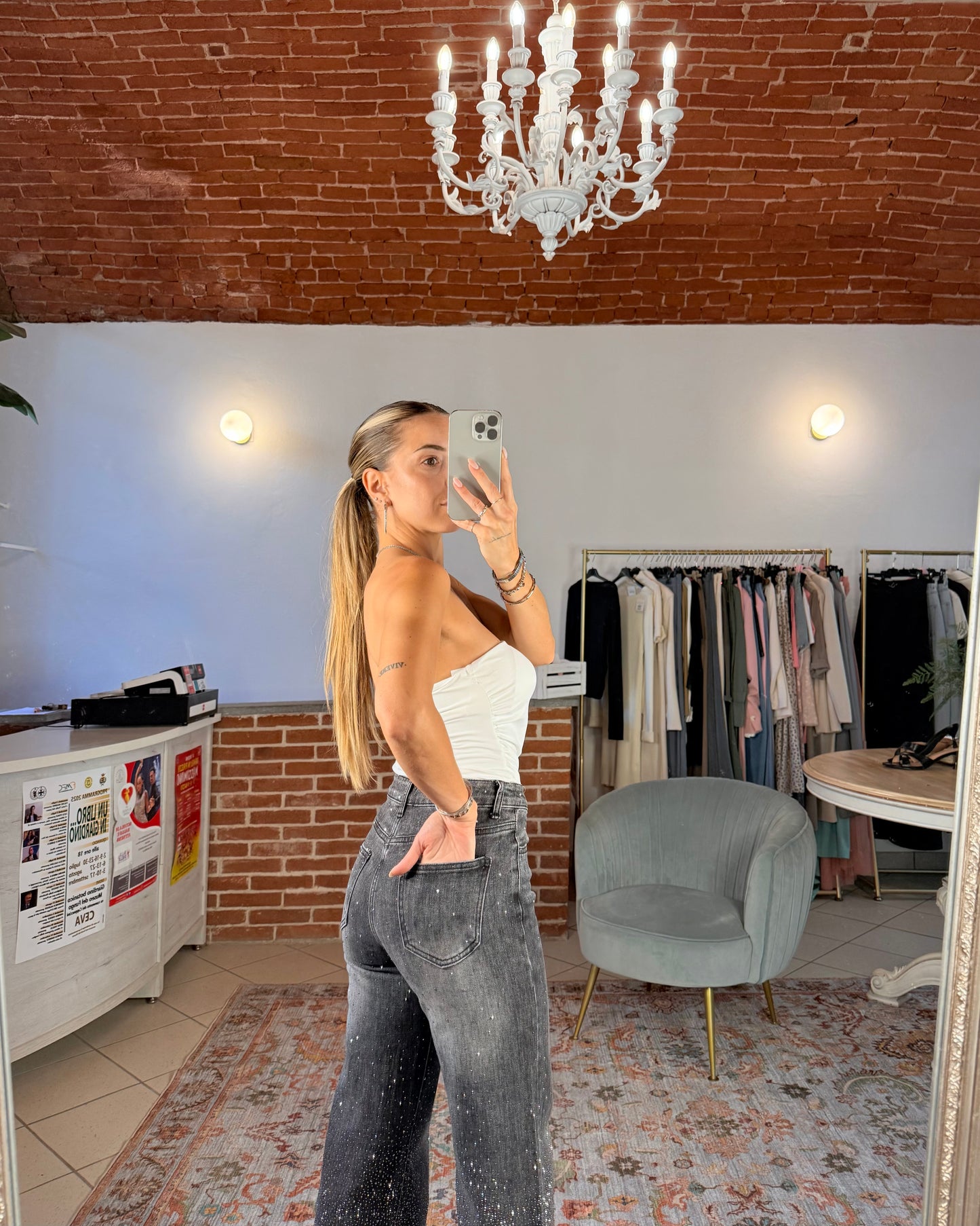 Jeans strass con risvolto