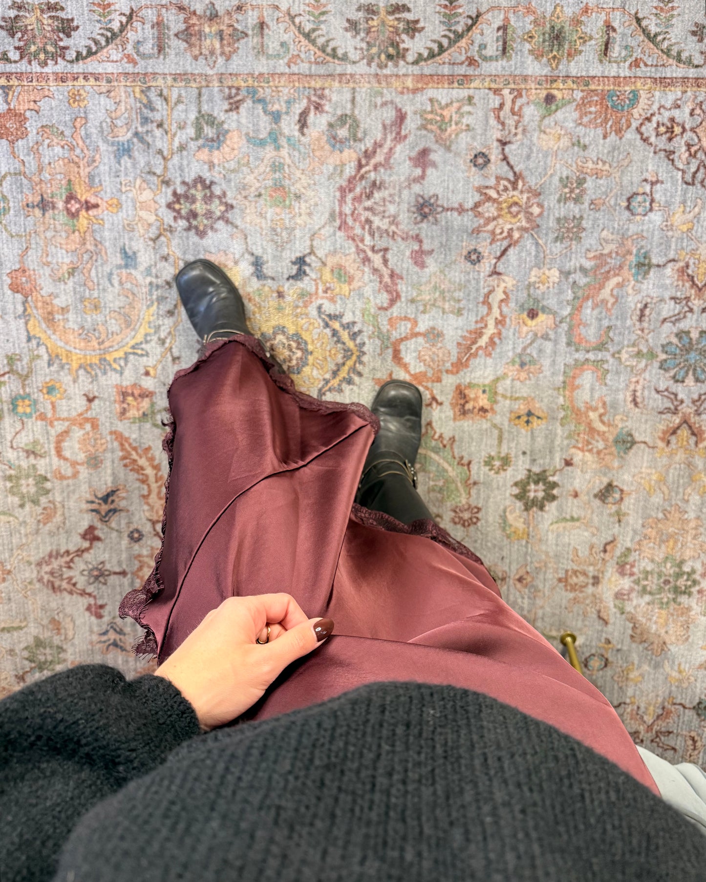 Asymmetrical satin and lace skirt